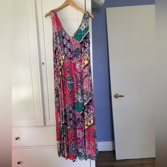 Monsoon maxi colorful jersey flattering summer dress size large Vneck sleeveless - Picture 3 of 7